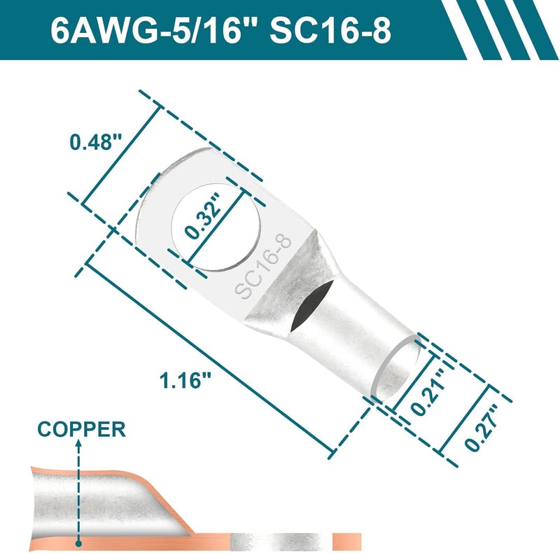 QIATOL كابلات بطارية 6 AWG مع أطراف، 2 قطعة كابلات بطارية نحاسية مع أطراف حلقة 5/16 (موجب وسالب، 1 قدم). - Image 2